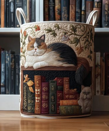 Library Cat Quilted Storage Hamper — Elegant Collapsible Laundry Basket With Handles, Washable Fabric For Book Lovers, Bedrooms & Nursery