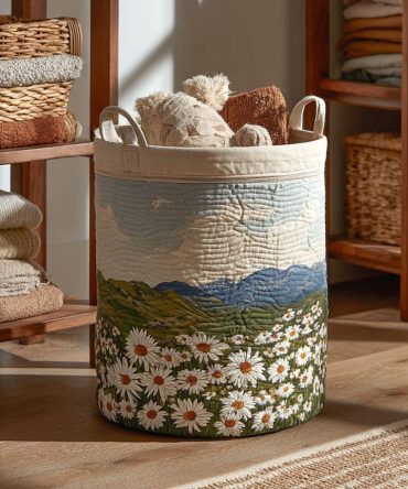 Light Over The Hills Quilted Hamper — Farmhouse-Style Large Laundry Basket, Foldable Fabric Storage With Strong Handles For Home Organization
