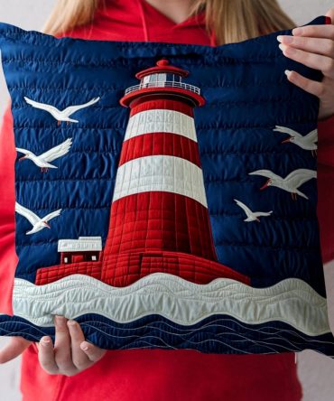 Lighthouse Sunrise Quilted Pillow Cover — Nautical Lighthouse Accent Pillowcase, Quilted Coastal Throw For Beach House & Living Rooms