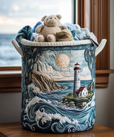 Lighthouse Bay Quilted Laundry Hamper — Coastal Decorative Foldable Laundry Basket With Handles, Durable Nautical Home Storage