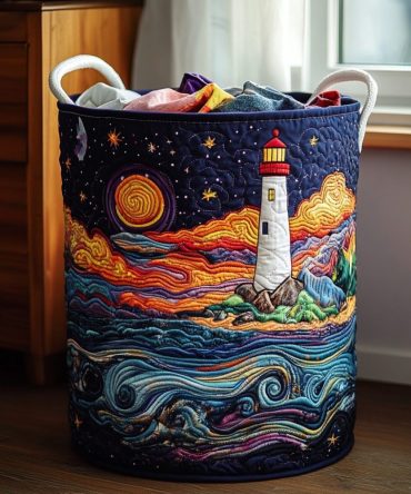 Lighthouse Dream Quilted Laundry Hamper - Dreamy Coastal Lighthouse Design, Sturdy Foldable Storage Basket, Quilted Fabric For Bedroom & Bath