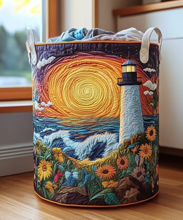 Lighthouse Glow Quilted Laundry Hamper - Nautical Lighthouse Pattern, Large Foldable Cotton-Linen Storage Basket With Handles For Home & Bath