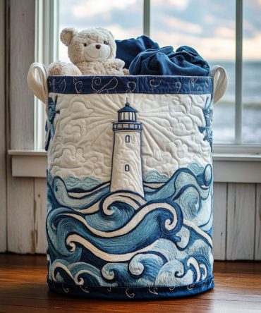 Lighthouse Horizon Quilted Laundry Hamper – Nautical Stripe Fabric Basket, Foldable Coastal Hamper For Bathroom, Bedroom & Rv Storage