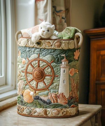 Lighthouse Morning Calm Quilted Fabric Hamper – Decorative Collapsible Laundry Basket, Sturdy Handles & Machine-Washable For Coastal Home Organization