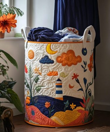 Lighthouse Night Quilted Fabric Laundry Hamper – Large Nautical Collapsible Laundry Basket With Handles, Durable Cotton-Blend Storage
