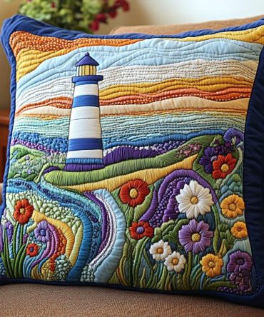 Lighthouse Serenity Quilted Pillow Cover — Serene Nautical Decorative Throw Pillowcase, Coastal Lighthouse Accent For Home & Cottage