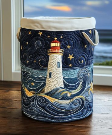 Lighthouse At Dusk Quilted Laundry Hamper — Twilight Coastal Print Foldable Fabric Basket For Beach Cottage & Bathroom