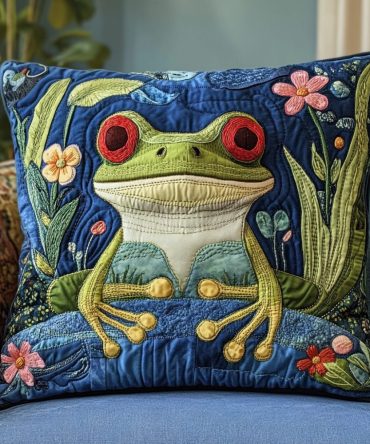 Lily Leap Quilted Throw Pillow Cover — Playful Frog & Lily Pad Accent, Textured Decorative Pillowcase For Sofa, Bed & Kids Rooms