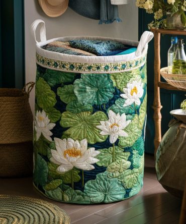 Lily Pond Freshness Quilted Laundry Basket – Serene Floral Fabric Hamper, Foldable Design With Strong Handles For Elegant Home Storage