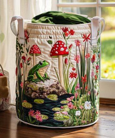 Large Quilted Laundry Hamper - Lily Pond Pattern Fabric Storage Basket With Handles, Foldable & Durable Home Laundry Organizer