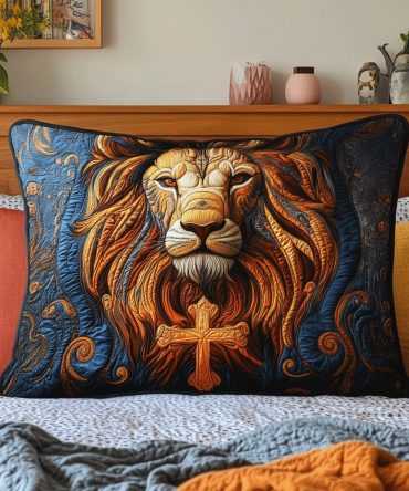 Lion Of Judah Quilted Pillow Cover — Majestic Religious & Inspirational Sham, Regal Quilting, Premium Decorative Accent For Sacred Spaces