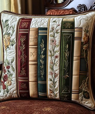 Botanical Literary Quilted Throw Pillow Cover - Soft Quilting With Blooming Book-Inspired Pattern For Cozy Corners & Sofa Styling
