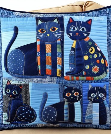 Literary Cat Quilted Throw Pillow Cover — Decorative Bookish Feline Pillowcase For Readers, Soft Quilted Cotton, Machine Washable Accent