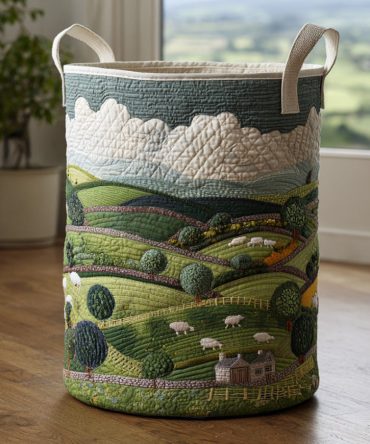 Little Sheep Field Quilted Laundry Hamper — Pastoral Sheep Print Fabric Laundry Basket With Soft Quilting And Easy-Carry Handles For Kids