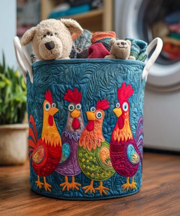Little Clucker Quilted Laundry Hamper – Adorable Chicken Print Fabric Basket, Foldable Nursery & Kids Laundry Organizer, Washable