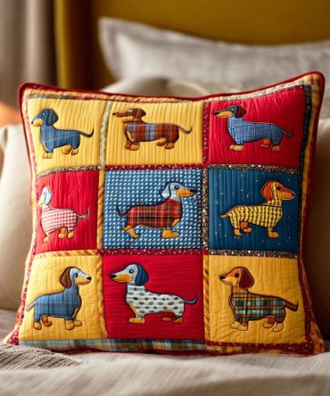 Playful Long Dog Quilted Pillow Cover — Cute Canine Throw Pillowcase For Dog Lovers, Soft Quilted Accent For Den, Nursery & Living Space