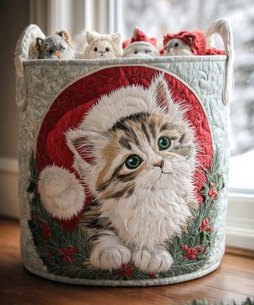 Little Purrfect Gift Quilted Laundry Hamper — Cute Kitten Print, Soft Quilted Fabric Basket With Handles For Baby Shower, Nursery & Gift Giving