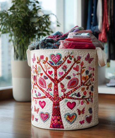 Living Branch Quilted Laundry Organizer — Nature Motif Collapsible Fabric Hamper, Padded Laundry Bin With Carry Handles For Home