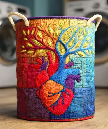Living Heart Tree Quilted Laundry Hamper – Heart Tree Print Fabric Basket, Stylish Foldable Organizer For Home & Bedroom