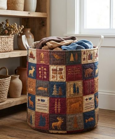 Lodge Patch Quilted Laundry Hamper - Large Collapsible Basket With Cabin Patchwork Print, Durable Quilting & Easy-Carry Handles