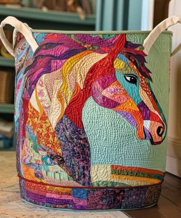 Lone Steed Quilted Laundry Hamper — Western Horse-Themed Large Foldable Storage Basket, Durable Quilted Laundry Organizer With Handles