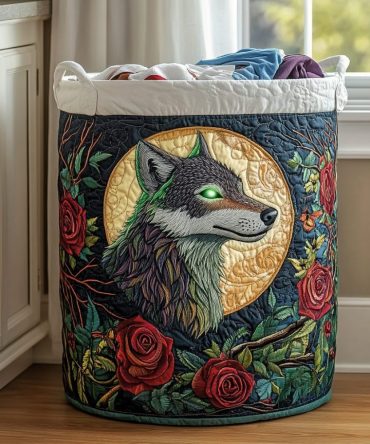Lone Wolf Quilted Laundry Hamper — Rustic Large Fabric Basket For Cabin & Home, Foldable Durable Laundry Storage With Comfortable Handles