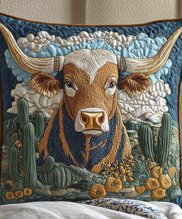 Longhorn Glory Quilted Pillow Cover With Vintage Western Design, Premium Cotton Blend Decorative Throw Pillowcase For Country & Ranch Homes