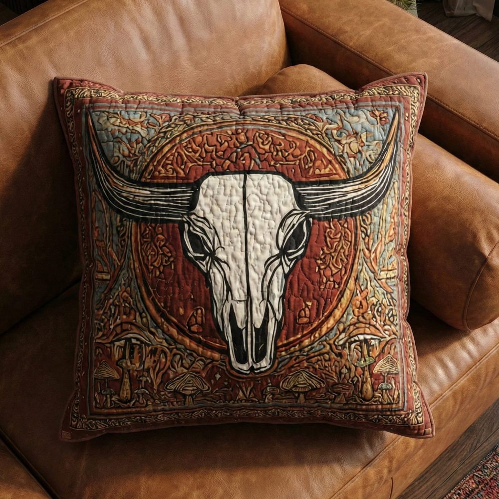 Premium Longhorn Quilted Pillow Case — Rustic Western Decor Accent, Soft Quilted Cover For Sofa & Bed, Gift-Ready