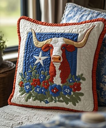 Longhorn Quilted Pillow Cover With Western Steer Design, Durable Cotton Blend Decorative Throw Pillowcase For Ranch, Rustic & Texas Decor