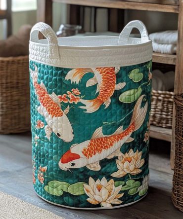 Lotus Pond Koi Quilted Fabric Hamper — Serene Koi Fish Print Laundry Basket, Collapsible With Reinforced Carry Handles