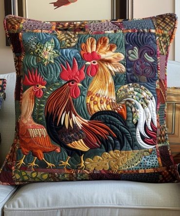 Farmhouse Quilted Throw Pillow Cover With Lovable Chicken Art – Soft Cotton-Blend Decorative Cushion Case, Machine-Washable
