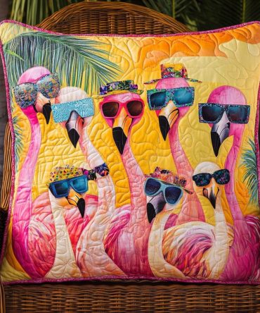 Lovable Flamingo Quilted Pillow Cover - Sweet Pink Flamingo Motif Decorative Throw Pillow Sham, Nursery Or Living Room Accent, Soft Durable