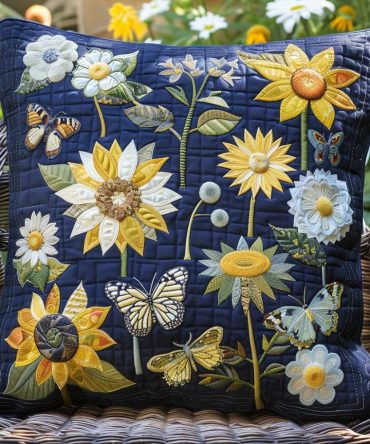 Lovable Sunflowers Quilted Decorative Pillow Cover — 18X18In Cozy Floral Throw Pillowcase, Vibrant Sunflower Pattern, Quilted Cotton Blend, Reversible & Washable