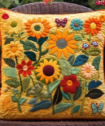 Cozy Sunflower Quilted Pillowcase — Heartfelt Floral Pillow Cover, Breathable Cotton Blend, Accent For Farmhouse Or Boho Decor