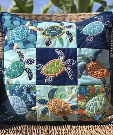 Lovable Turtle Quilted Pillow Cover — Cute Sea Turtle Decorative Pillowcase For Kids' Rooms, Nurseries & Coastal Playful Decor