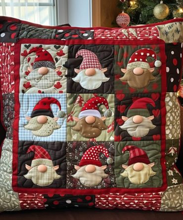 Lovely Gnomes Quilted Holiday Pillow Cover — 18X18In Cute Gnome Throw Pillowcase, Soft Cotton Blend, Reversible & Machine Washable, Ideal For Farmhouse