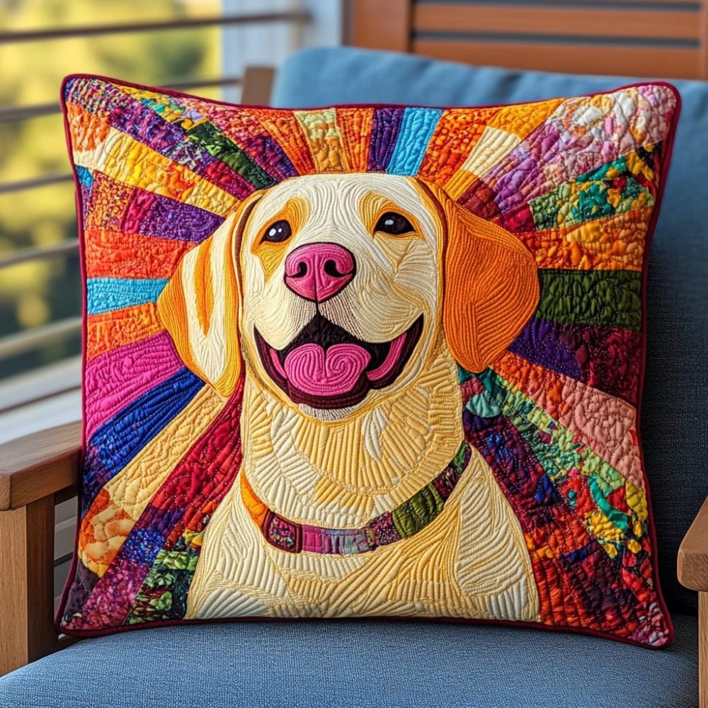 Loving Labrador Quilted Pillow Cover – Colorful Heart Dog Cushion Case For Pet Lovers, Romantic & Cozy Home Accent
