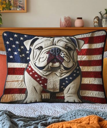 Loyal Bulldog Quilted Pillow Cover — Classic Bulldog Motif Quilted Decorative Pillowcase For Pet Lovers, Dorms & Sports Fans