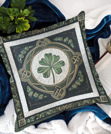 Lucky Clover Quilted Throw Pillow Cover — Irish Shamrock Accent, Quilted Cotton-Blend, Reversible Decorative Cushion Case