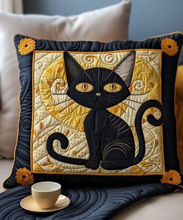 Lunar Guardian Cat Quilted Throw Pillow Cover — Moonlit Feline Art, Celestial Cat Decor, Soft Quilted Accent For Bedroom
