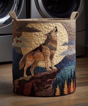 Lunar Wolf Quilted Laundry Hamper - Celestial Wolf Print Storage Basket, Heavy-Duty Quilted Fabric With Carry Handles