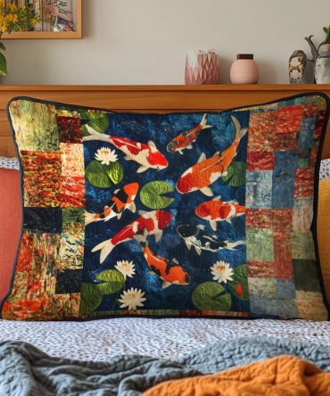 Koi Flow Quilted Decorative Pillow Cover — Elegant Fish Motif, Textured Throw Pillowcase For Zen Living Room, Patio & Asian-Inspired Décor