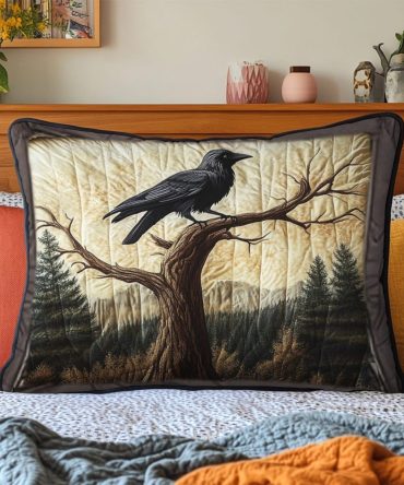 Midnight Raven Quilted Decorative Pillow Cover — Dark Gothic Accent Sham, Textured Quilting, Statement Throw For Modern Boho Rooms