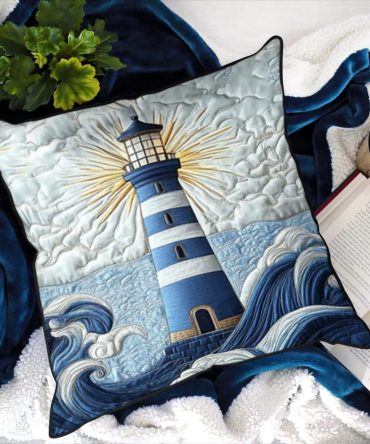 Lighthouse Glow Quilted Pillow Cover — Coastal Beacon Motif Cushion Sham, Nautical Beach House Accent For Living Room & Porch