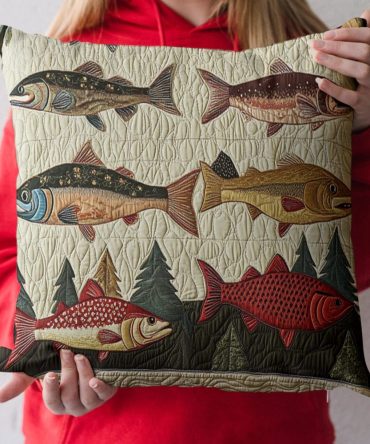 Fishing Dreams Quilted Pillow Cover — Tranquil Fishing Scene Cushion Sham, Outdoorsy Cabin Accent For Living Room & Lodge Decor