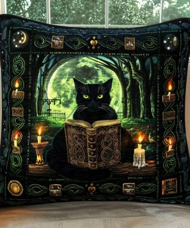 Magic Book Black Cat Quilted Pillow Cover — Storybook Spell Design, Hand-Quilted Decorative Sham For Cozy & Themed Home Décor