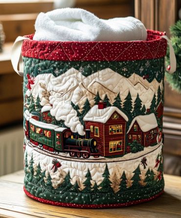 Magic Train Quilted Fabric Laundry Hamper — Kids Train-Themed Washable Clothes Bin With Handles, Foldable Nursery & Playroom Organizer