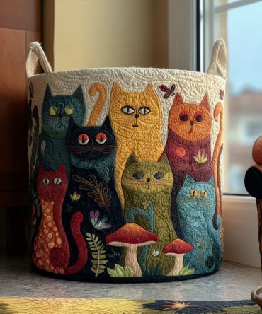 Magic Whisker Valley Quilted Hamper — Whimsical Cat Valley Print Foldable Laundry Basket With Handles, Durable Decorative Storage