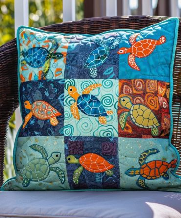 Magnificent Turtle Quilted Pillow Cover — Elegant Sea Turtle Decorative Pillowcase For Coastal Luxe, Sofa & Master Bedroom Decor
