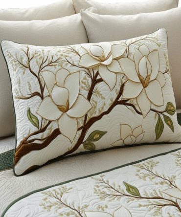 Magnolia Blossom Quilted Pillowcase — Elegant Southern Floral Design, Ultra-Soft Cotton Blend, Decorative Shams For Luxurious Bedding